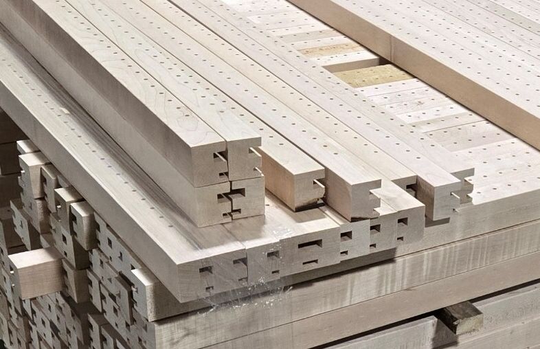 Close up of mortise and tenon joinery on a Lundia solid wood upright
