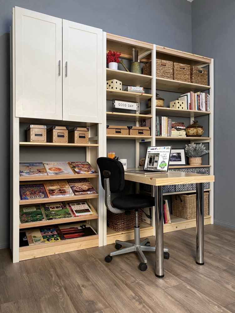 White and pine solid wood home office bookcase with desk and storage