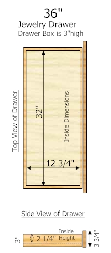15" Deep × 36" Wide × 3" High Jewelry Drawer dimensions