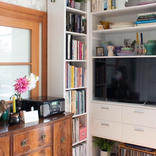 Solid wood Lundia shelving in a residential living space