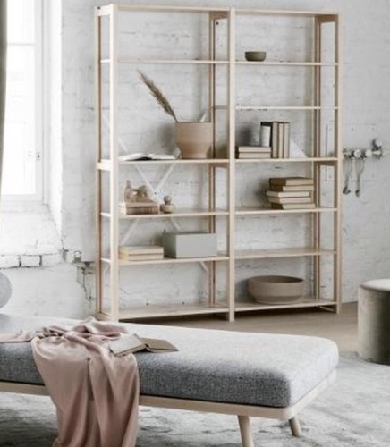 Solid wood Lundia shelving in a residential living space