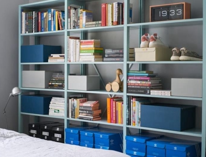 Solid wood Lundia shelving in a residential living space