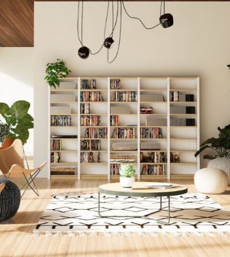 Solid wood Lundia shelving in a residential living space