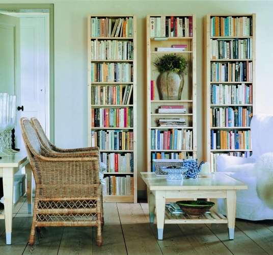 Solid wood Lundia shelving in a residential living space