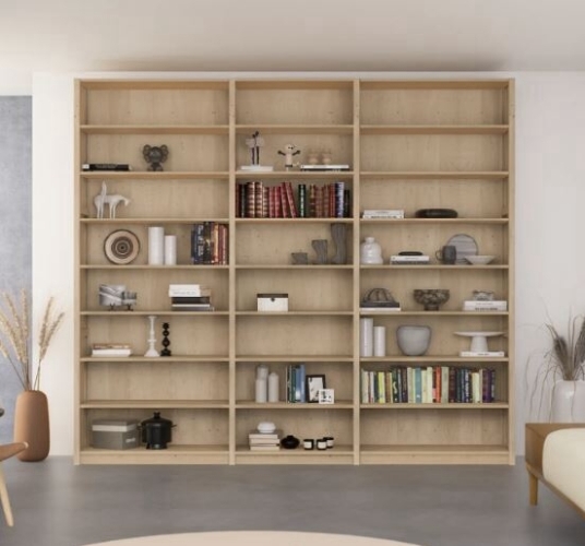 Solid wood Lundia shelving in a residential living space