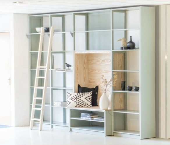 Solid wood Lundia shelving in a residential living space