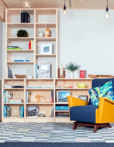 Solid wood Lundia shelving in a residential living space