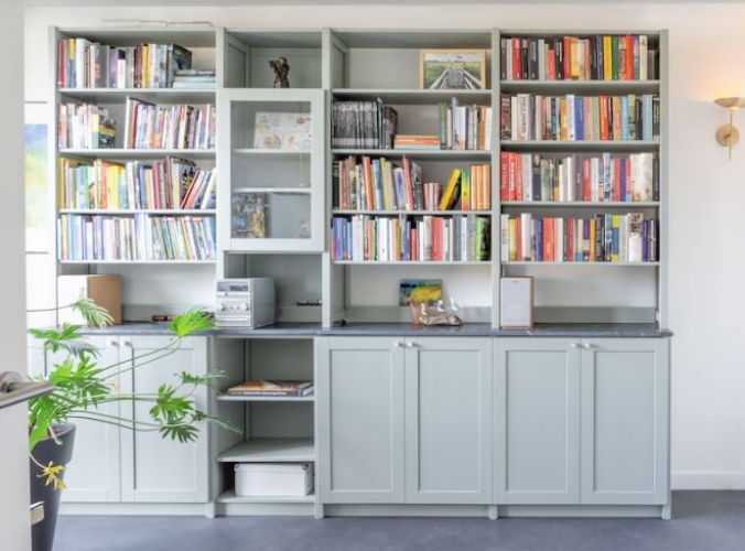 Solid wood Lundia shelving in a residential living space
