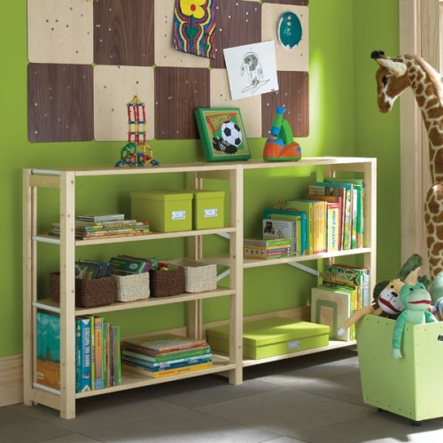 Solid wood Lundia shelving in a kids room