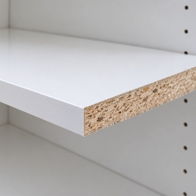 A white laminated particle board shelf with the chip core exposed at the cut edge