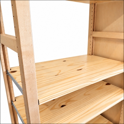 A natural solid wood shelf supported by solid wood uprights