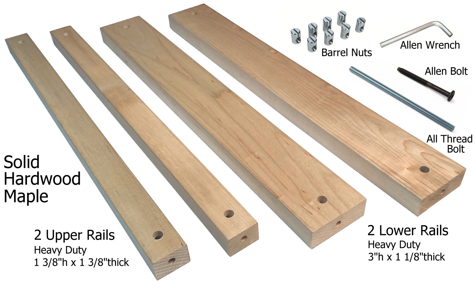 Frame assembly cross rails in solid hardwood maple: 2 upper rails, 2 lower rails, barrel nuts, bolts and Allen wrench