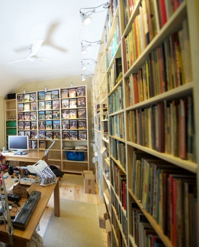 Solid wood Lundia shelving in a home work space