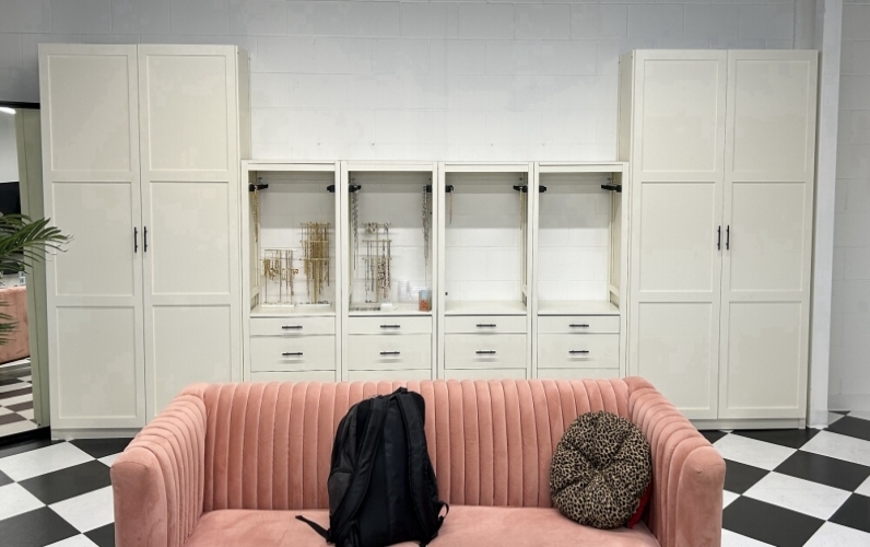 Solid wood Lundia shelving in a home work space